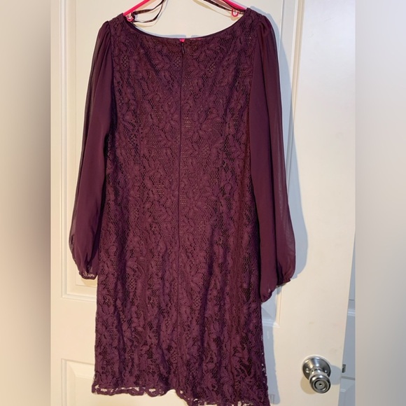 Jessica Howard Knee High Lace dress with see thru long sleeves. Plum color, 12 - Picture 2 of 5
